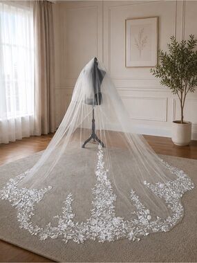 Bridal Cathedral Veil with Lace Appliqué - White